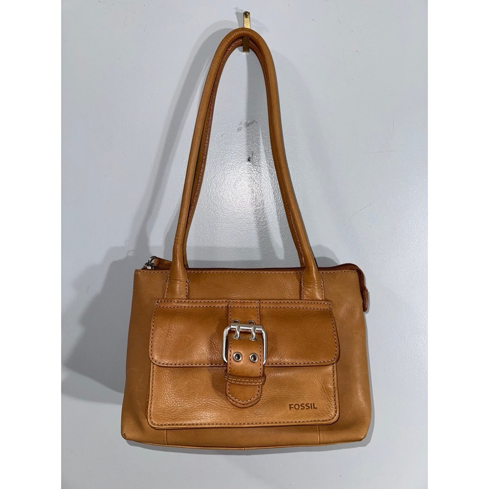 Fossil vintage Y2K tan leather satchel shoulder bag buckle‎ wallet small